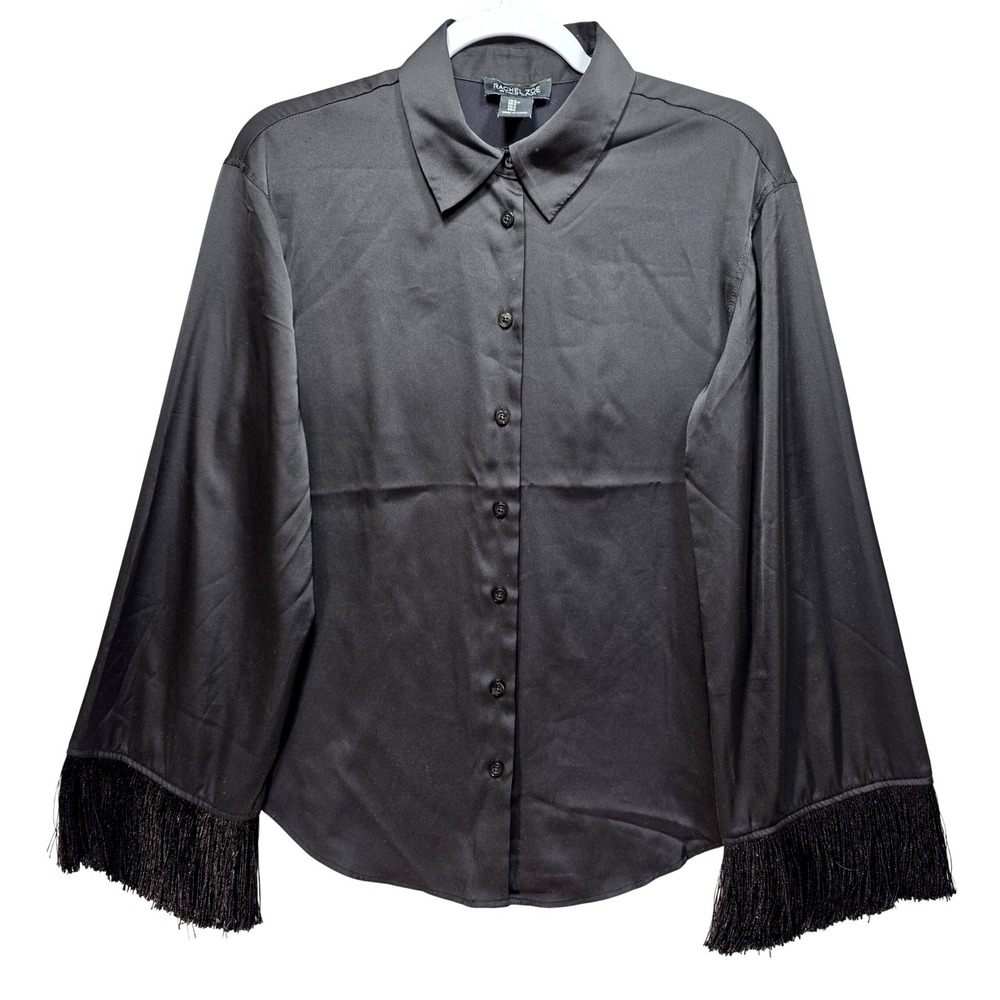 Rachel Zoe Button Down Shirt Womens S Fringe Cuff Satin Black Western Rodeo Dark